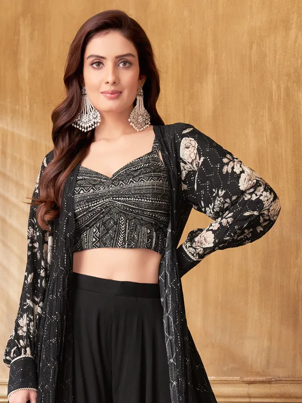 black silk palazzo suit with shrug