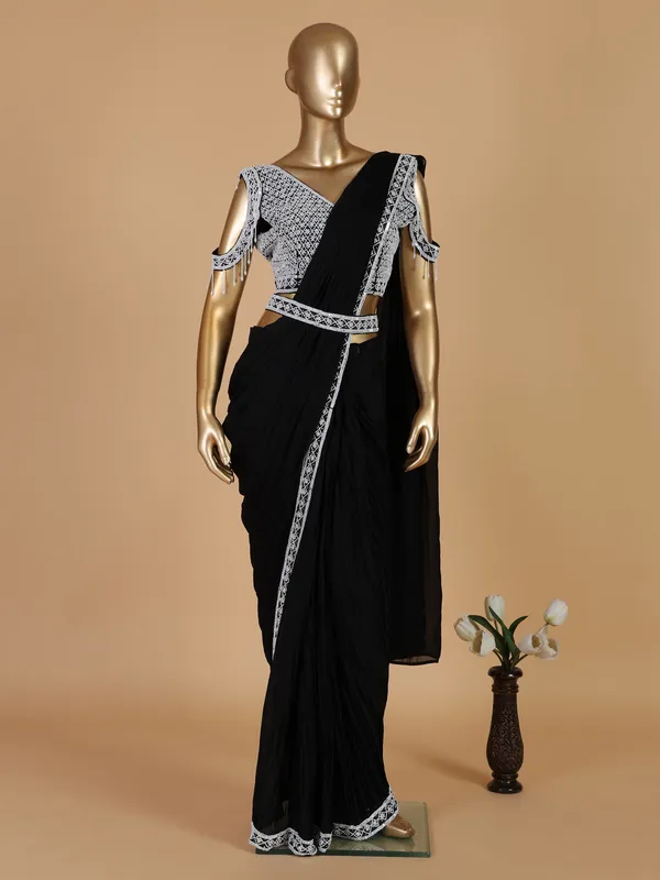 Black silk pre stitched saree