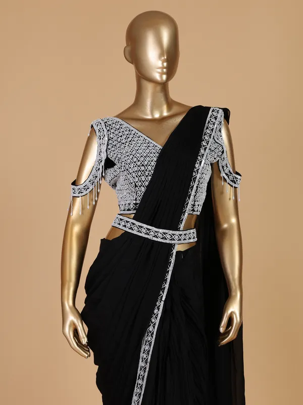 Black silk pre stitched saree