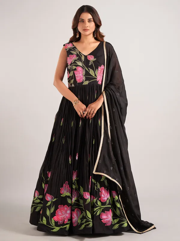 Black silk printed anarkali suit with dupatta