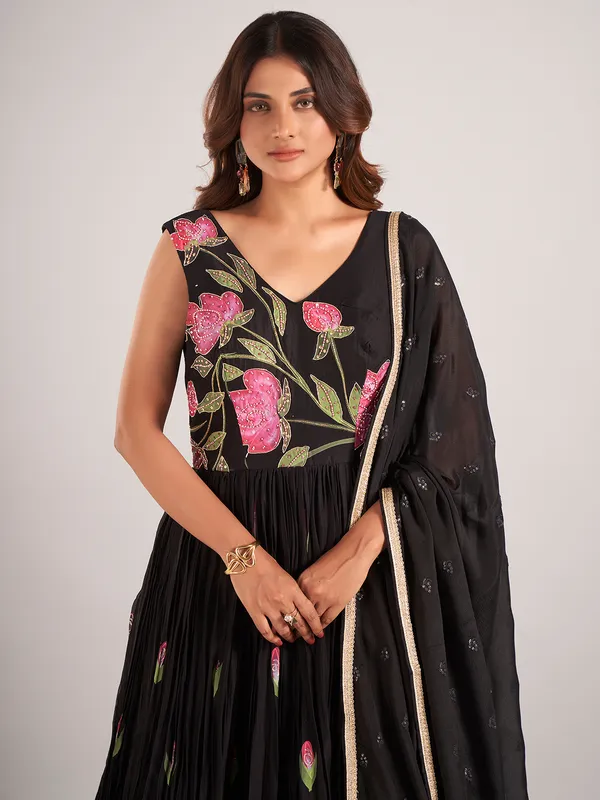Black silk printed anarkali suit with dupatta