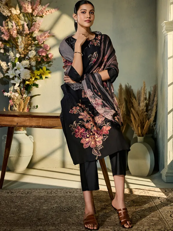 Black silk printed festive wear kurti set with dupatta