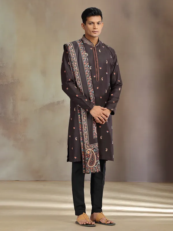 Black pashmina silk printed kurta pajama with dupatta