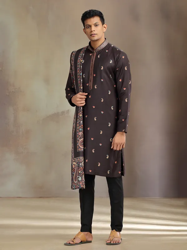 Black pashmina silk printed kurta pajama with dupatta