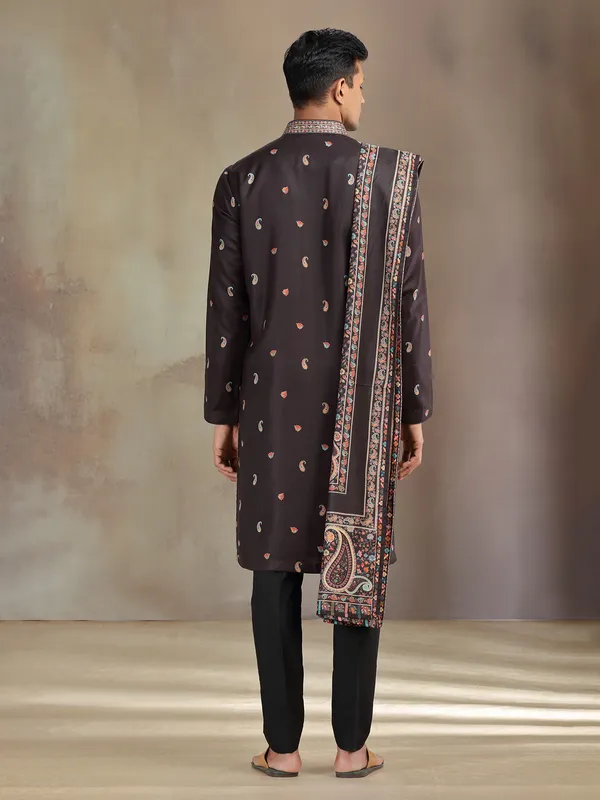 Black pashmina silk printed kurta pajama with dupatta