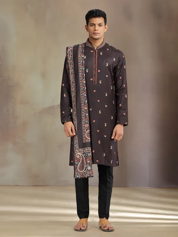Black pashmina silk printed kurta pajama with dupatta
