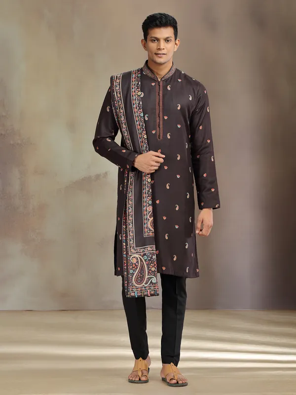 Black pashmina silk printed kurta pajama with dupatta