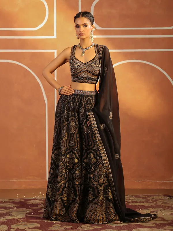 Black silk printed palazzo suit with dupatta