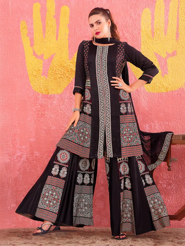 Black silk printed palazzo suit with elegant festive charm