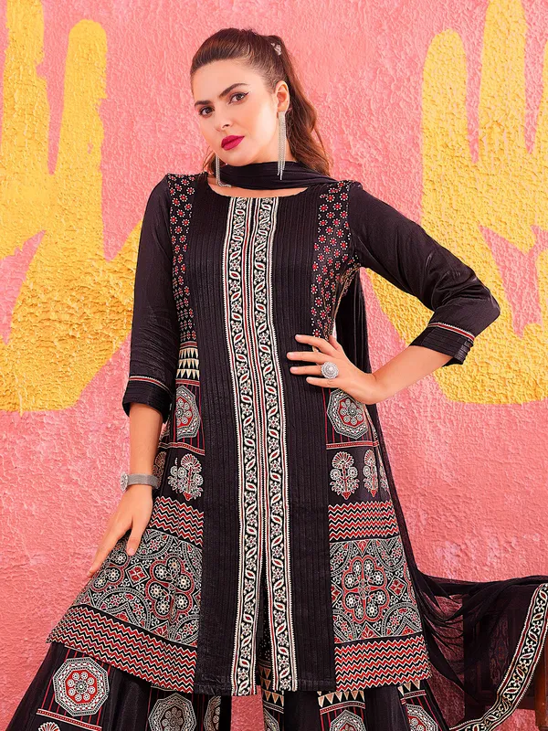 Black silk printed palazzo suit with elegant festive charm