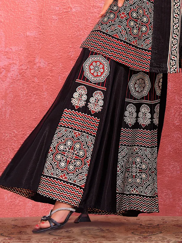 Black silk printed palazzo suit with elegant festive charm