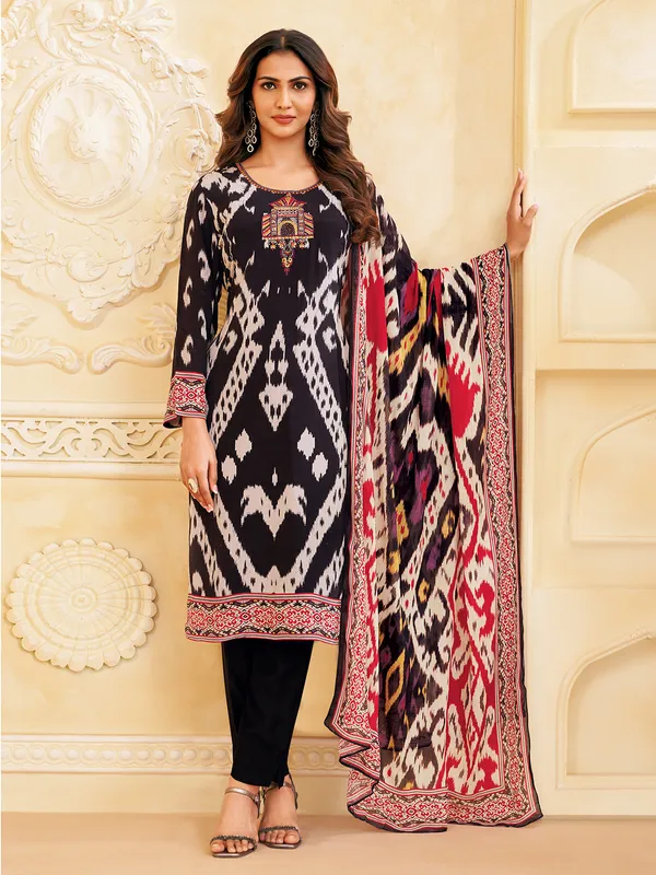 Black silk printed straight cut festive salwar suit