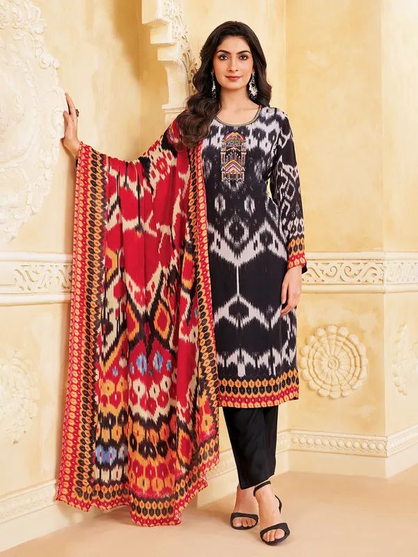 Black silk printed straight cut salwar suit with contrast dupatta