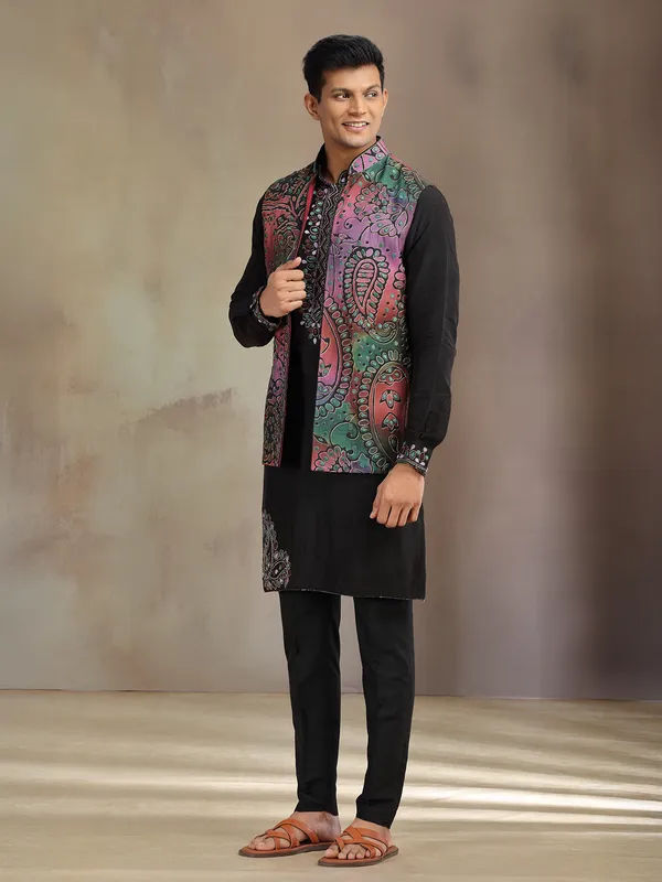 Black silk printed waistcoat set for wedding wear