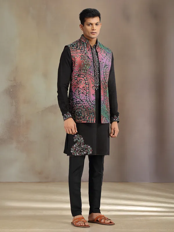 Black silk printed waistcoat set for wedding wear