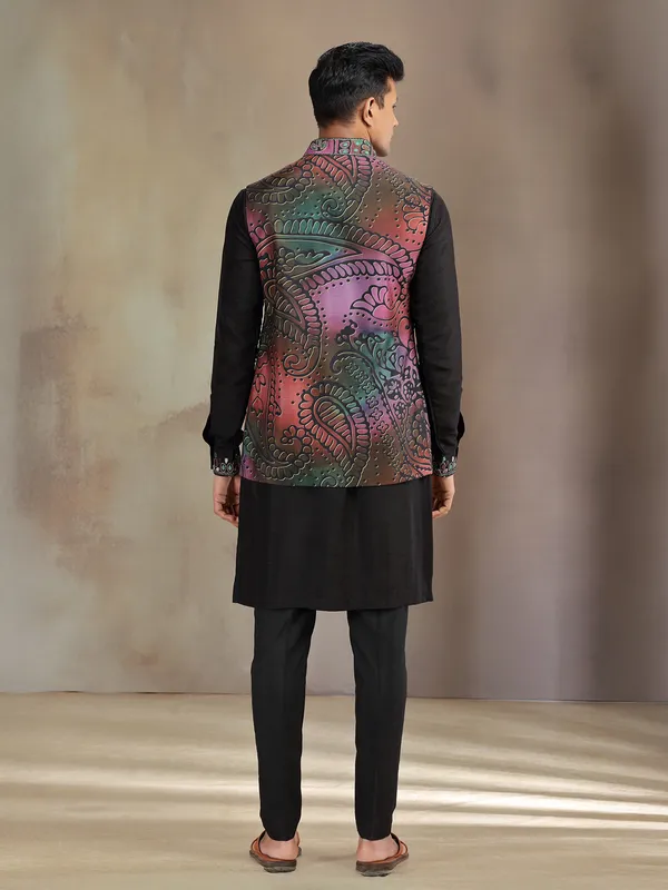 Black silk printed waistcoat set for wedding wear