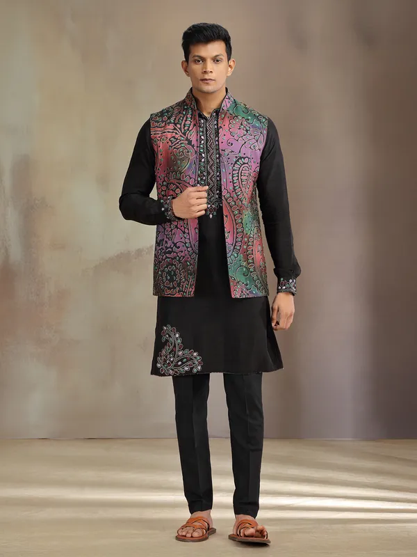 Black silk printed waistcoat set for wedding wear