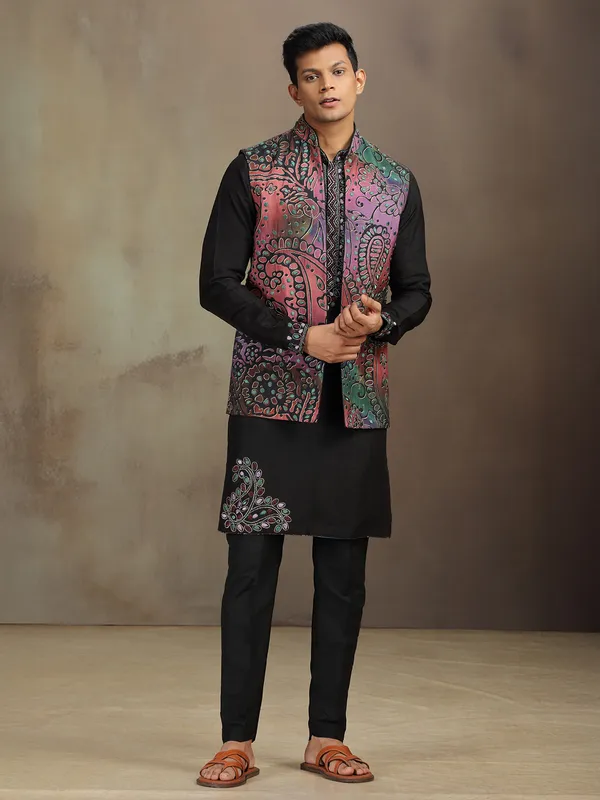 Black silk printed waistcoat set for wedding wear