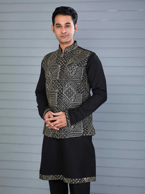 Black rayon cotton resham and sequin waistcoat set