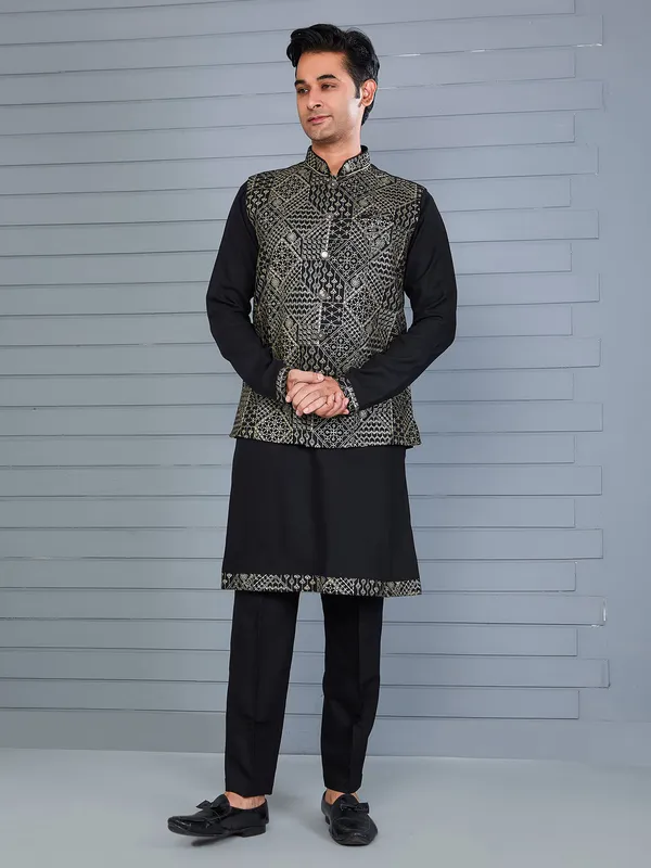 Black rayon cotton resham and sequin waistcoat set