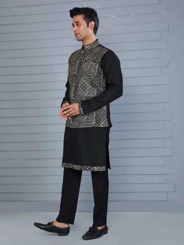Black rayon cotton resham and sequin waistcoat set