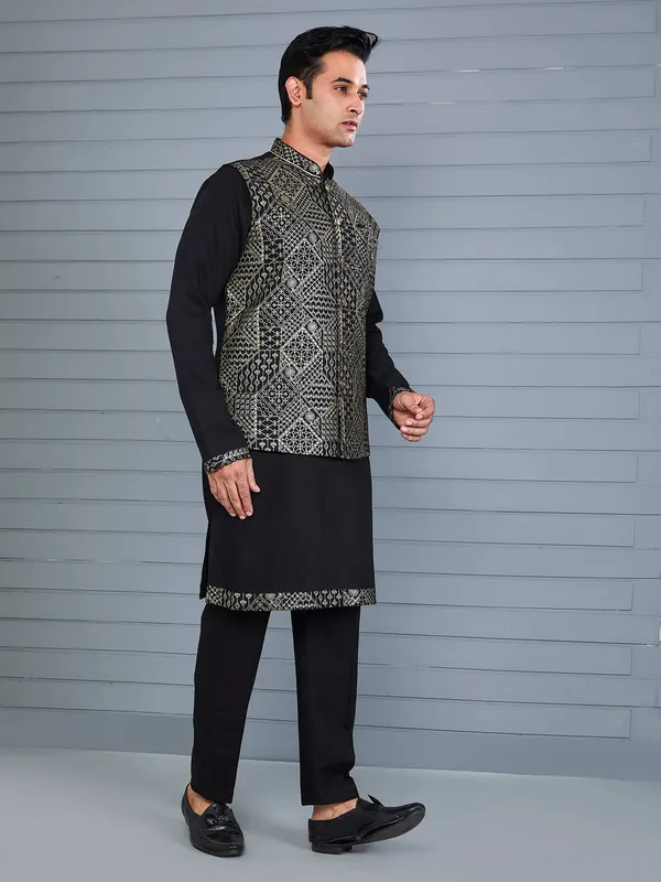 Black rayon cotton resham and sequin waistcoat set