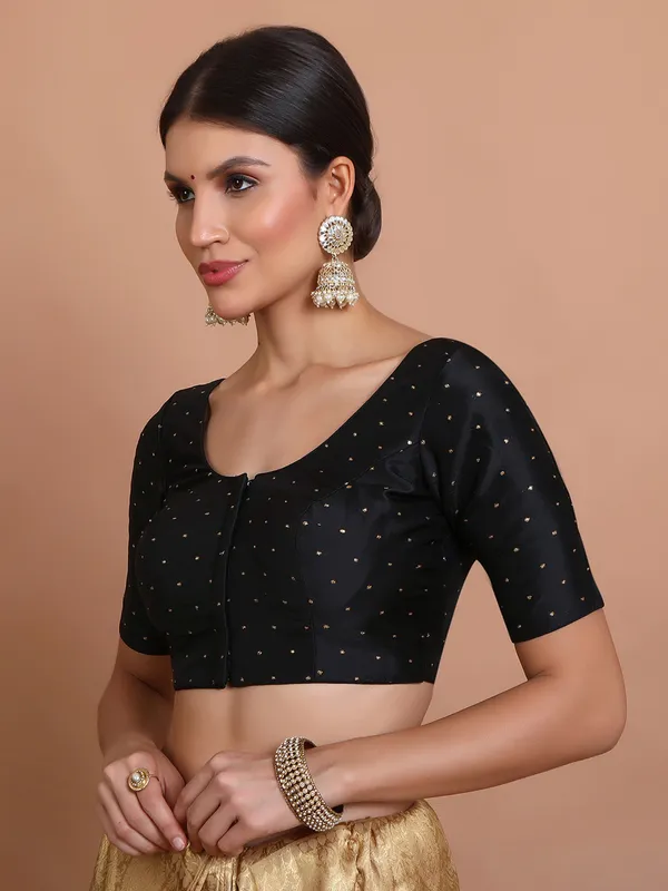 Black silk round neck blouse with zari design