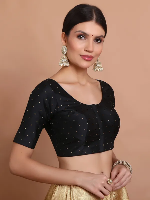 Black silk round neck blouse with zari design