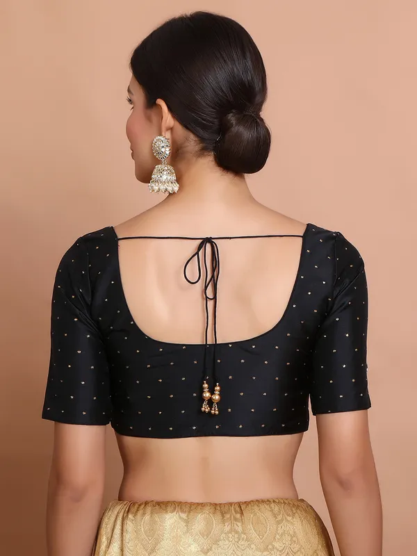 Black silk round neck blouse with zari design