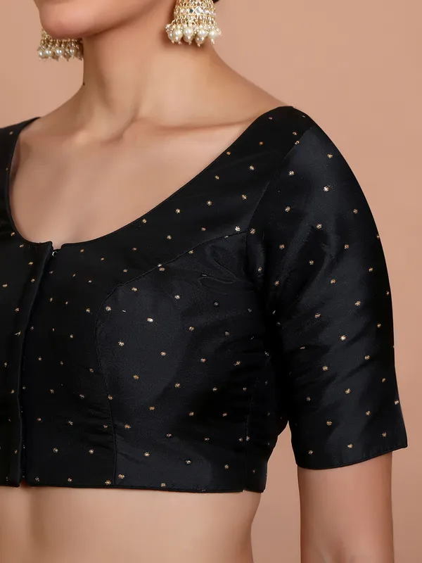 Black silk round neck blouse with zari design