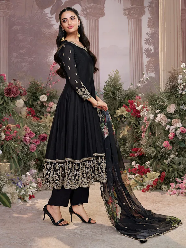 Black silk round neck festive salwar suit