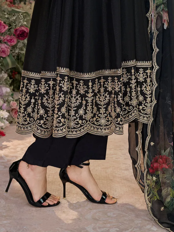 Black silk round neck festive salwar suit