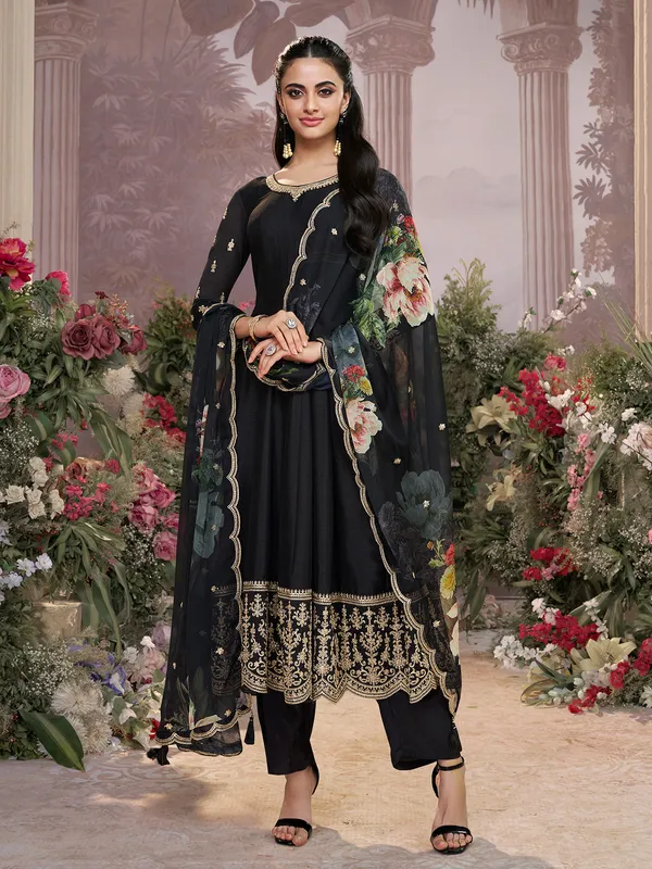 Black silk round neck festive salwar suit