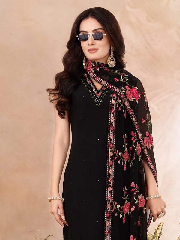 Black silk salwar suit with emroidered dupatta