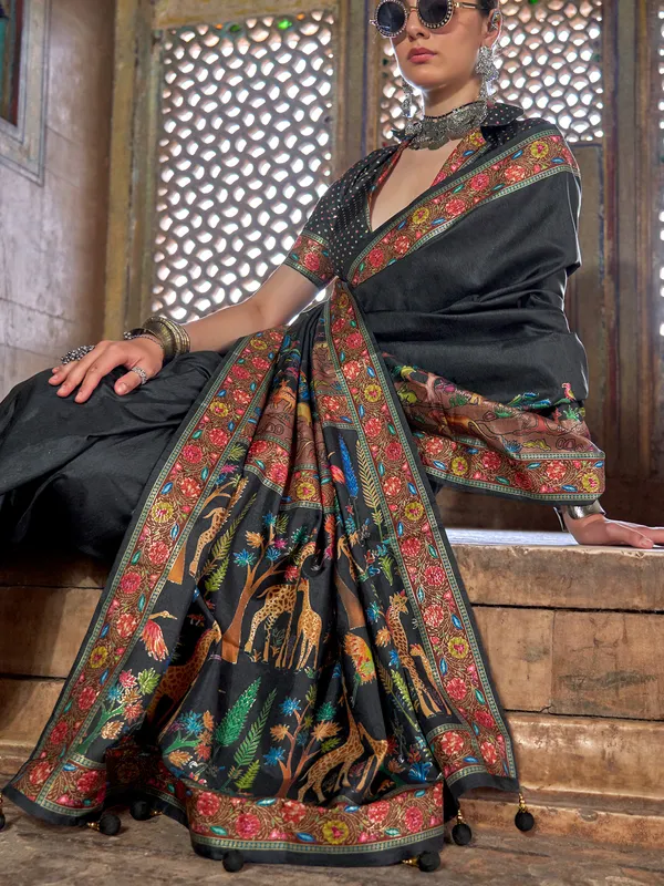 Black silk saree with colorful motif print