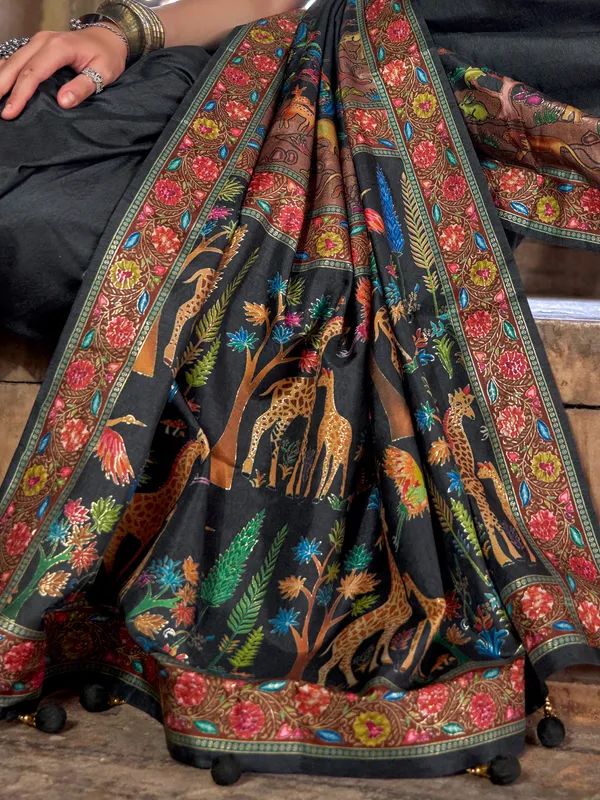 Black silk saree with colorful motif print