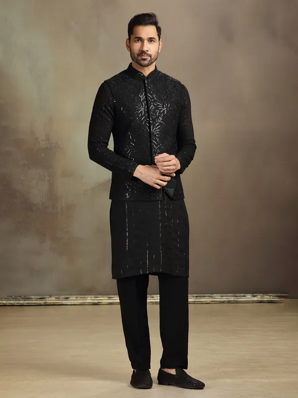 Black silk sequin waistcoat set for men
