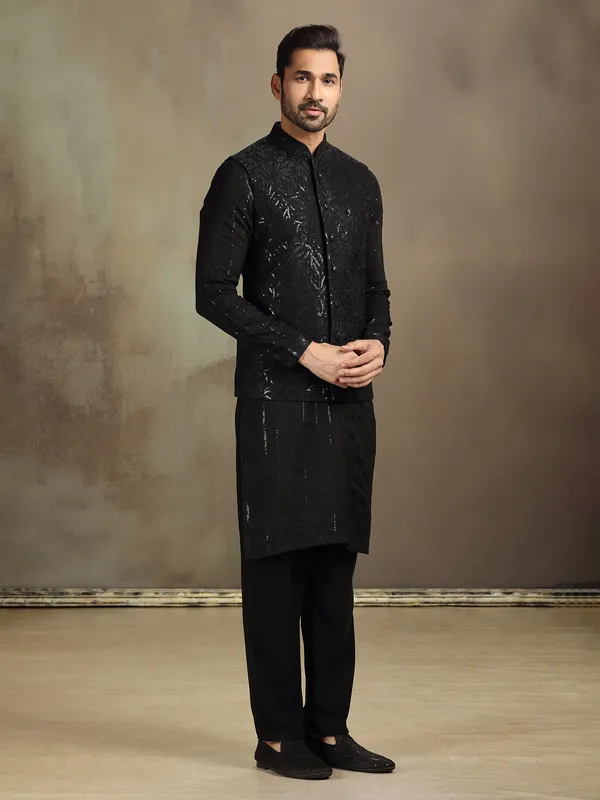 Black silk sequin waistcoat set for men