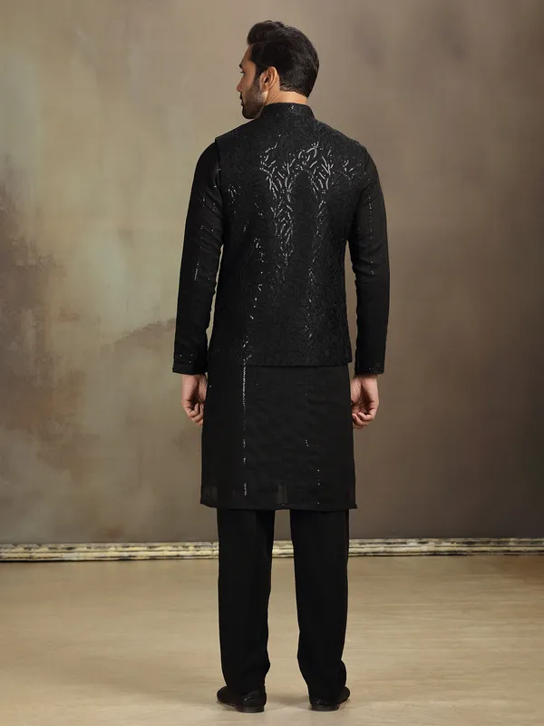 Black silk sequin waistcoat set for men