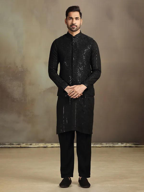 Black silk sequin waistcoat set for men