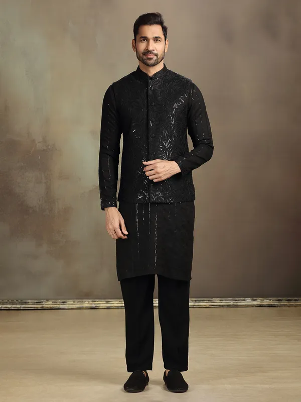 Black silk sequin waistcoat set for men