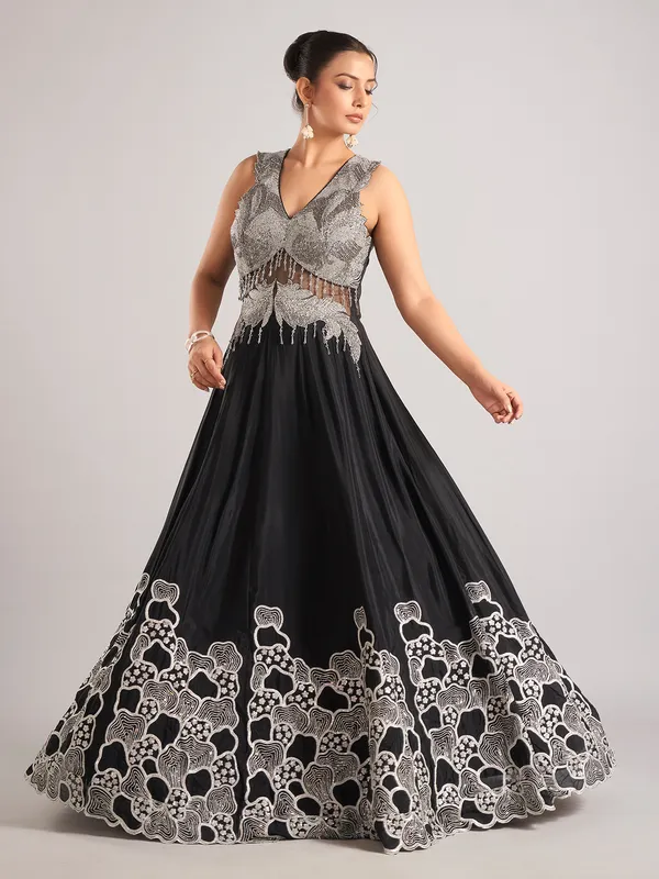 Black silk sleeveless designer party wear suit
