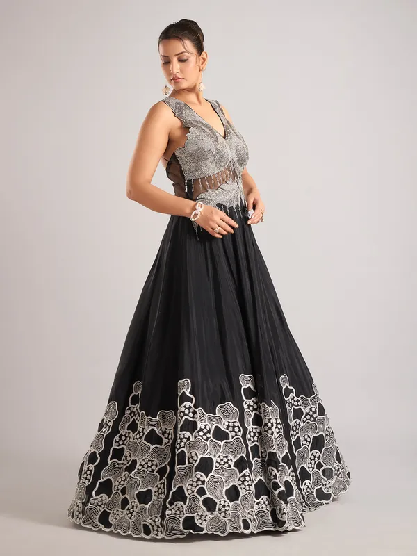 Black silk sleeveless designer party wear suit