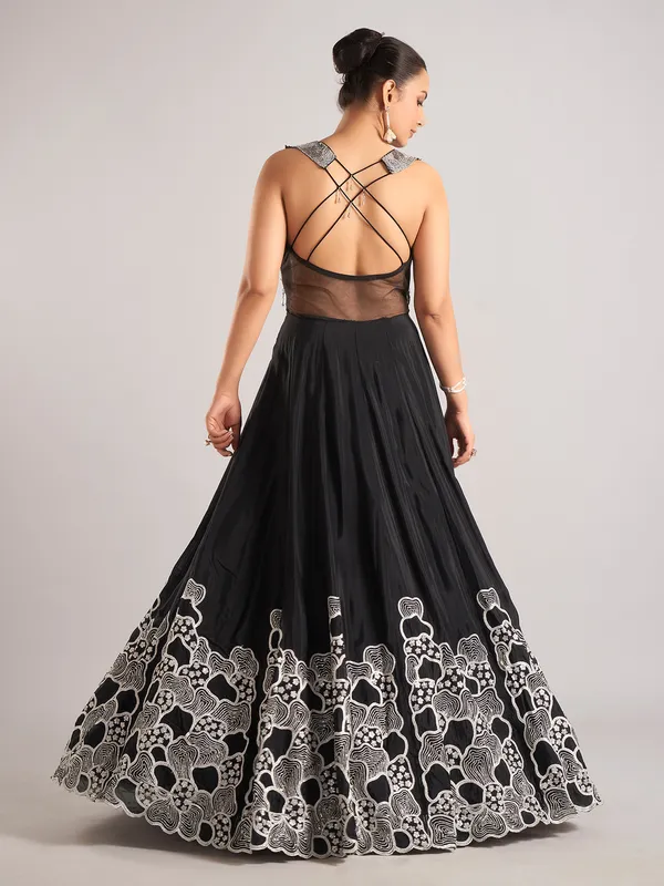Black silk sleeveless designer party wear suit