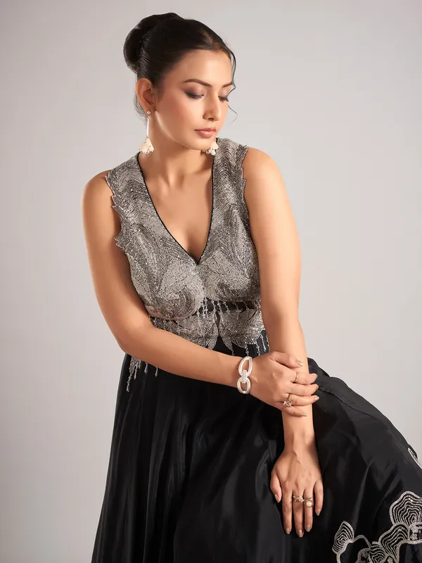 Black silk sleeveless designer party wear suit