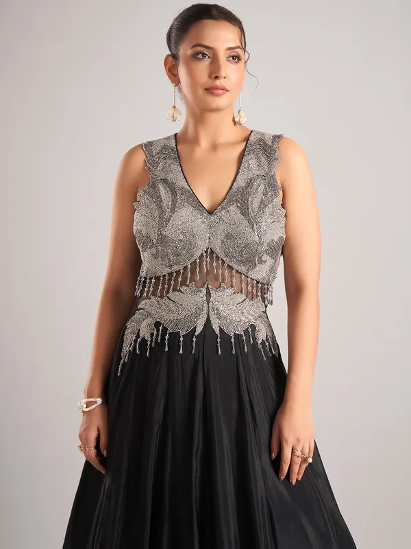 Black silk sleeveless designer party wear suit
