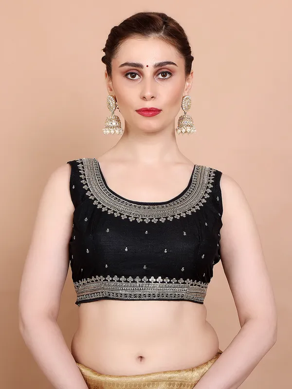 Black silk sleeveless ready made blouse with embroidered