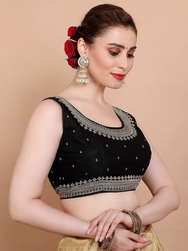 Black silk sleeveless ready made blouse with embroidered
