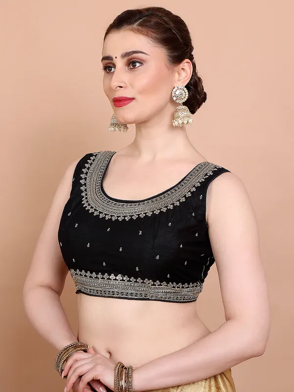 Black silk sleeveless ready made blouse with embroidered