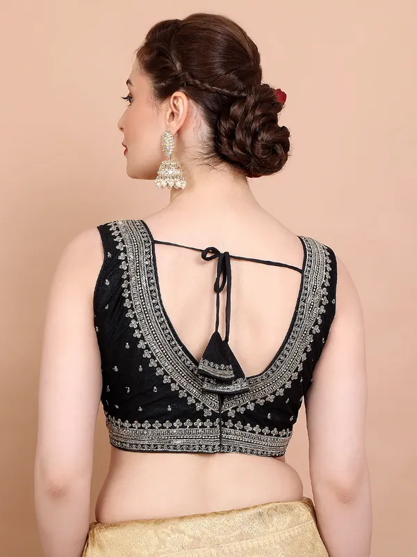 Black silk sleeveless ready made blouse with embroidered